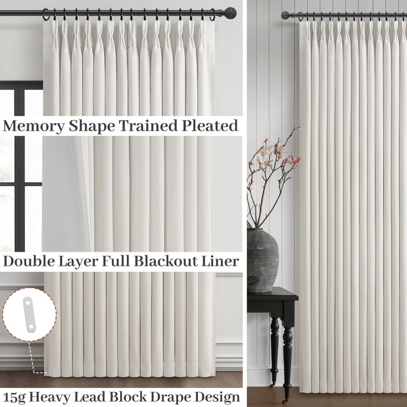 PleatedDrapes Pleat Viral Linen 90 Inch Blackout Curtains for Bedroom, Pinch Pleated Soundproof Privacy Farmhouse Window Drapes Decor with Hooks Neutral Beige White Nursery/Kids Room Darkening Burg 2 Panels Set - Image 3