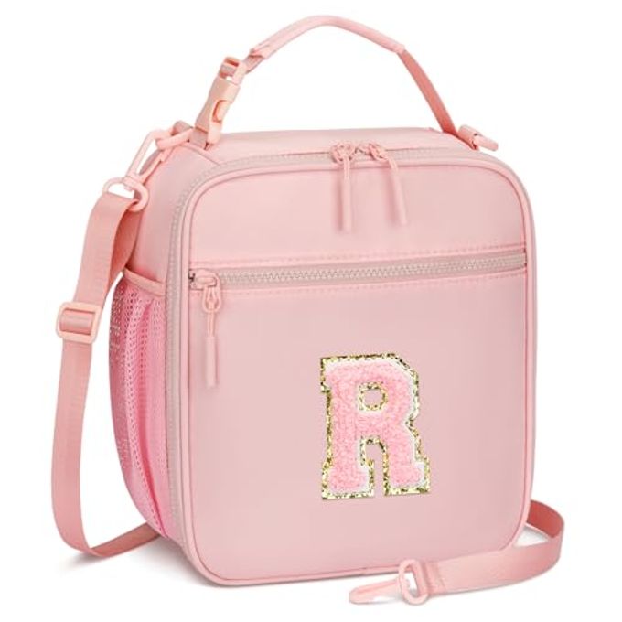 CLOUDWINGS Initial Insulated Lunch Bag for Girls Kids, Back to School Gift, Reusable Leak-proof Lunch Box with Adjustable Strap for School Daycare Travel Picnic (Pink,R)