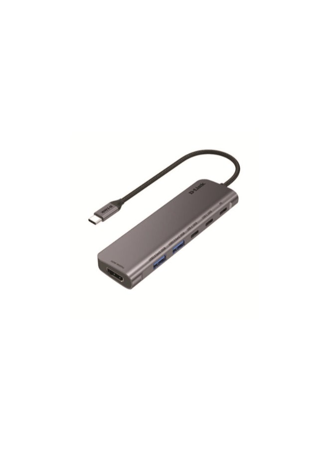D-Link USB-C Hub 6-in-1, 4K@60Hz HDMI, 100W Power Delivery, 5Gbps Data Transfer, SD & microSD Card Reader, USB-A Ports, Plug & Play, Compact Travel Size, for MacBook, iPad Pro & Windows Laptops Dark Grey