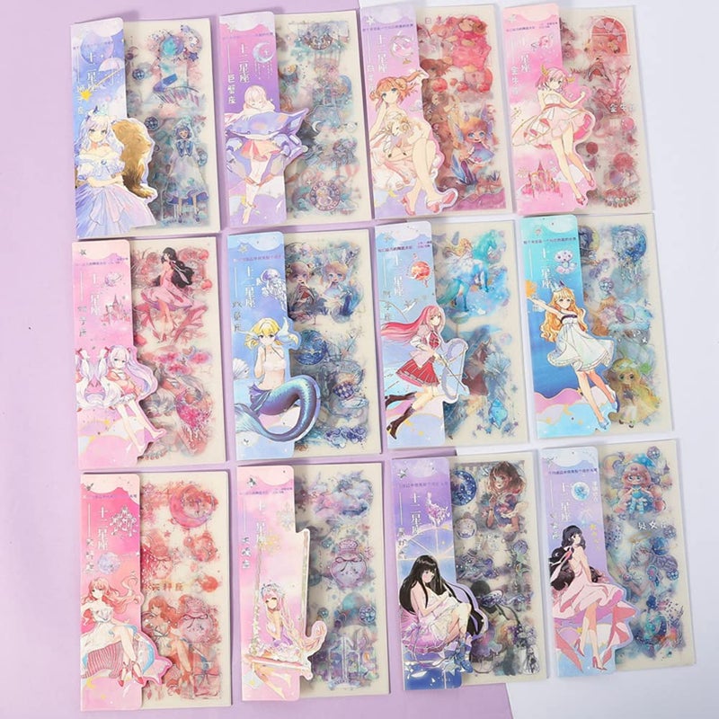 EAMOTOL 48 Sheets Anime Girl Journaling Stationery Stickers  Calendar Decorative Frosted PET Sticker for Scrapbook Journal Diary Planner DIY Craft Album Phone Case Cup 12 Constellation Cartoon Girl