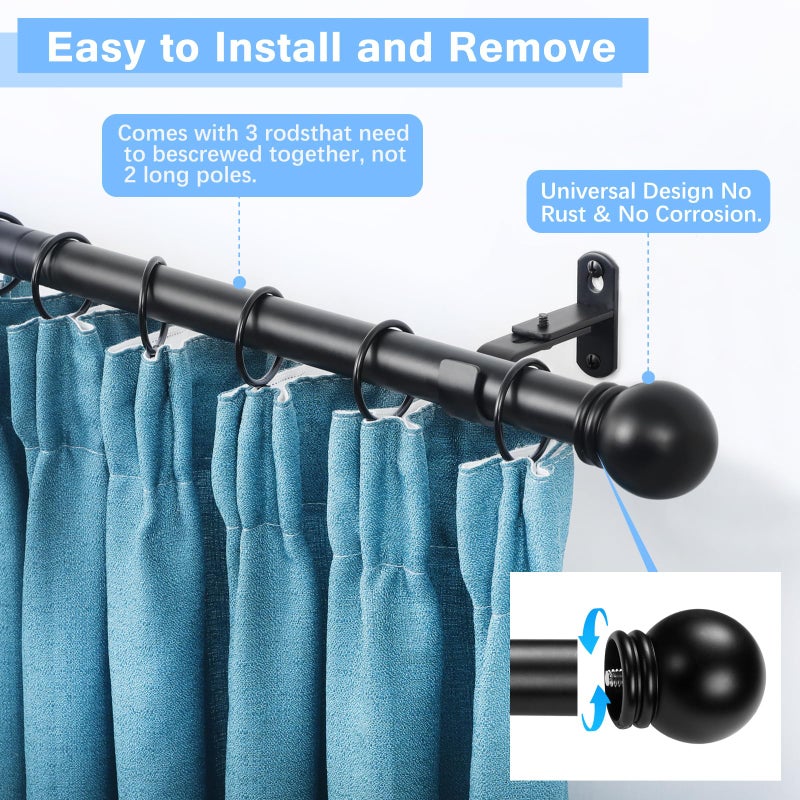 AMZSEVEN Curtain Rods for Windows 16 to 48 Inches, Curtain Rod Max Adjustable Length of 60 IN, 1" Diameter Drapery Rods Round Finials, Black, Pack of 1 - Image 2