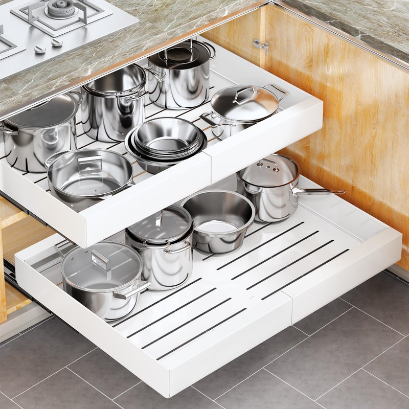 Kitstorack Pull out Cabinet Organizer, Wider Expandable(14"-24") Heavy Duty Slide out Drawers Fixed with Adhesive Nano Film for Pots, Roll out Shelf Storage for Kitchen Cabinet Organization(White-1pc)(3 Rails) - Image 1