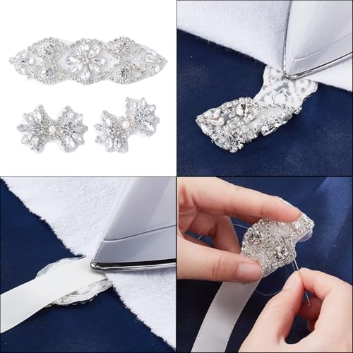 FINGERINSPIRE 3Pcs 2 Style Rhinestone Applique for Wedding Dress Iron/Sew on Rhinestone Patch Hot Fix Applique Sewing Appliques for Bridal Dress, Headpiece, Belt, Shoes Item Decoration - Image 5