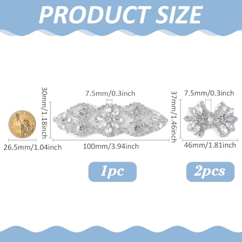 FINGERINSPIRE 3Pcs 2 Style Rhinestone Applique for Wedding Dress Iron/Sew on Rhinestone Patch Hot Fix Applique Sewing Appliques for Bridal Dress, Headpiece, Belt, Shoes Item Decoration - Image 2