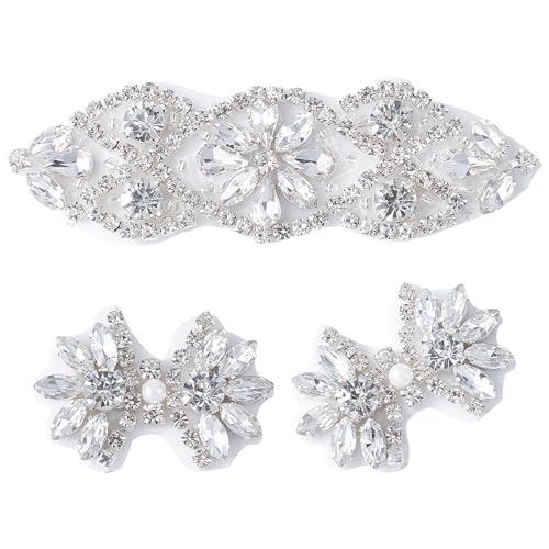 FINGERINSPIRE 3Pcs 2 Style Rhinestone Applique for Wedding Dress Iron/Sew on Rhinestone Patch Hot Fix Applique Sewing Appliques for Bridal Dress, Headpiece, Belt, Shoes Item Decoration - Image 1