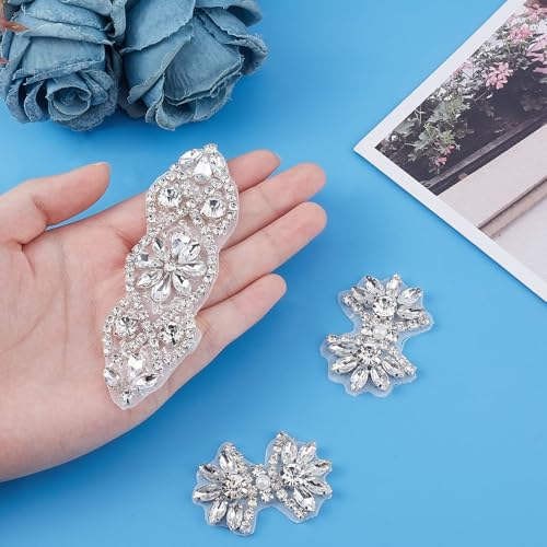 FINGERINSPIRE 3Pcs 2 Style Rhinestone Applique for Wedding Dress Iron/Sew on Rhinestone Patch Hot Fix Applique Sewing Appliques for Bridal Dress, Headpiece, Belt, Shoes Item Decoration - Image 3