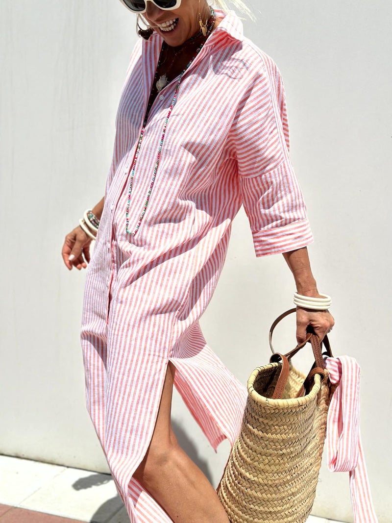 utcoco Womens 2026 Shirt Dress Casual Lapel 3/4 Sleeve Button Down Split Belted Vacation Maxi Dress (Large, Pink Striped) - Image 4