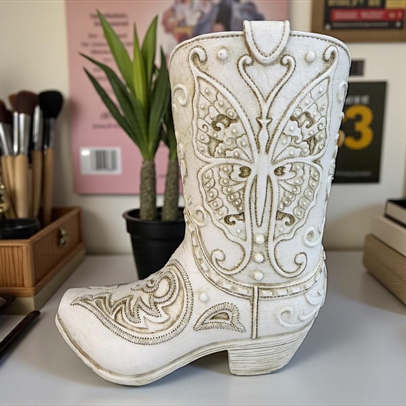 Top Brass Butterfly Boot Vase â€“ Resin Cowboy/Cowgirl Boot Decor - Antique White Finish, Tooled Leather Look, Protective Pads, Modern Rustic Western Flower Holder, 7â€ Tall - Image 5