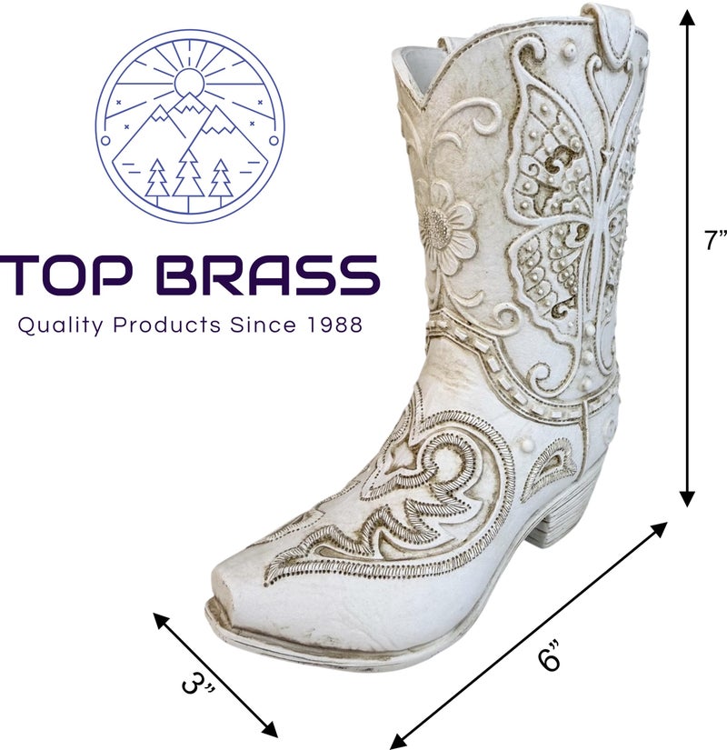Top Brass Butterfly Boot Vase â€“ Resin Cowboy/Cowgirl Boot Decor - Antique White Finish, Tooled Leather Look, Protective Pads, Modern Rustic Western Flower Holder, 7â€ Tall - Image 3
