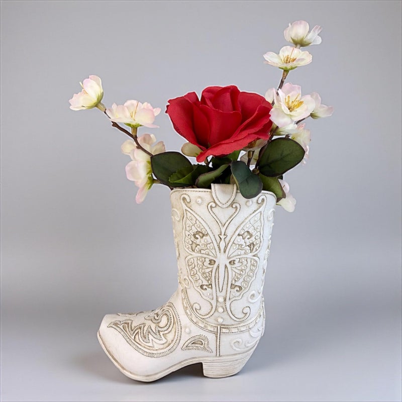 Top Brass Butterfly Boot Vase â€“ Resin Cowboy/Cowgirl Boot Decor - Antique White Finish, Tooled Leather Look, Protective Pads, Modern Rustic Western Flower Holder, 7â€ Tall - Image 2