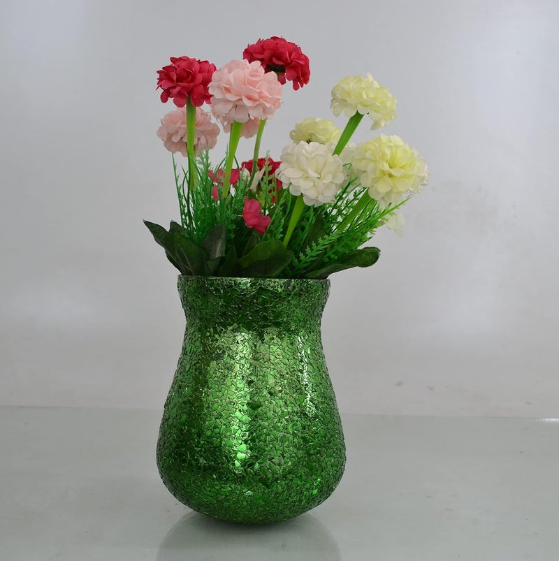 DECENT GLASS Silver and Green Glittery Crackled Vase for Home Dcor 7 Inch Pack of 1 Green