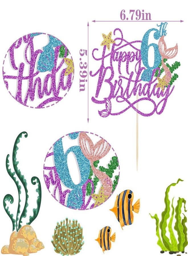 Qertesl Mermaid 6 Cake Topper, Happy 6th Birthday Cake Decor,Under The Sea Theme Girl Kid First Birthday Cake Supplies/Ocean World One Mermaid Party Decoration Supplies Purple - Image 3