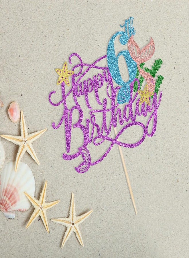 Qertesl Mermaid 6 Cake Topper, Happy 6th Birthday Cake Decor,Under The Sea Theme Girl Kid First Birthday Cake Supplies/Ocean World One Mermaid Party Decoration Supplies Purple - Image 2