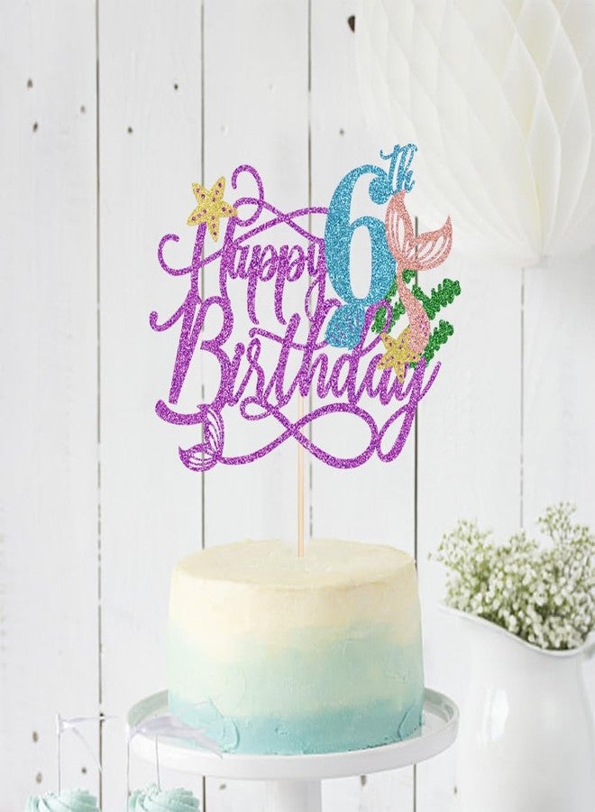 Qertesl Mermaid 6 Cake Topper, Happy 6th Birthday Cake Decor,Under The Sea Theme Girl Kid First Birthday Cake Supplies/Ocean World One Mermaid Party Decoration Supplies Purple - Image 4