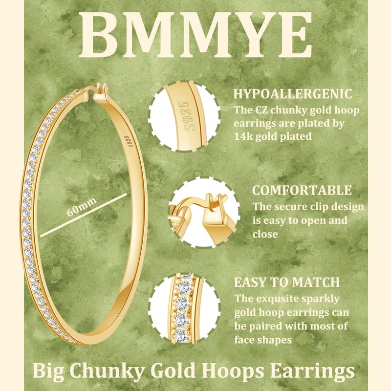 BMMYE Gold Hoops Earrings for Women Hypoallergenic Cubic Zirconia Hoop Earring 14K Gold Earrings Hoops Sparkly 60mm Rhinestone Earring - Image 4