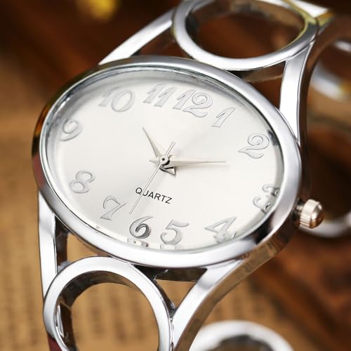 Top Plaza Women Fashion Silver Tone Circle Band Arabic Numeral Scale Bangle Cuff Dress Bracelet Watch - Valentine's Day Gift - Image 2