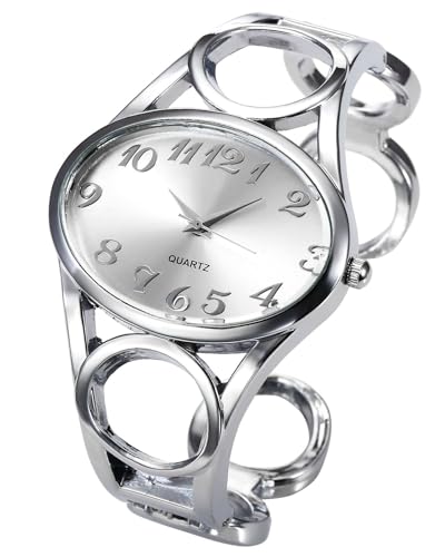 Top Plaza Women Fashion Silver Tone Circle Band Arabic Numeral Scale Bangle Cuff Dress Bracelet Watch - Valentine's Day Gift - Image 1
