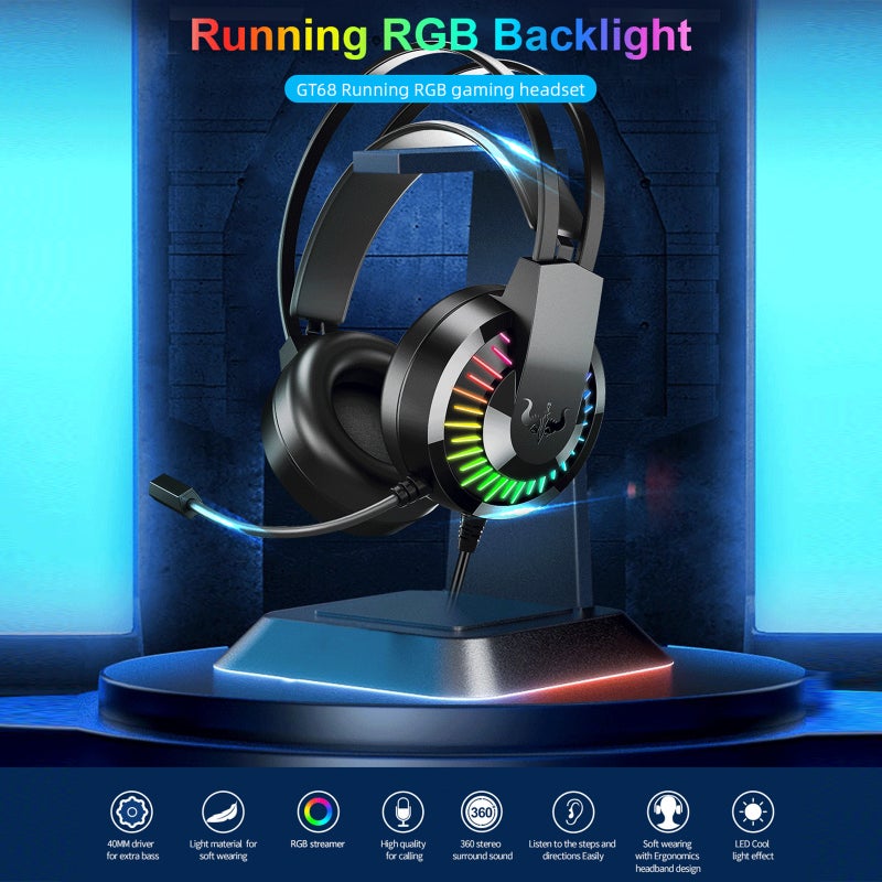 أوفلينج سماعة رأس سلكية مع قابس طاقة USB - إضاءة LED RGB لأجهزة الألعاب والكمبيوتر المحمول وماك - سماعات رأس محيطية فوق الأذن مع ميكروفون لأجهزة الألعاب - Image 3