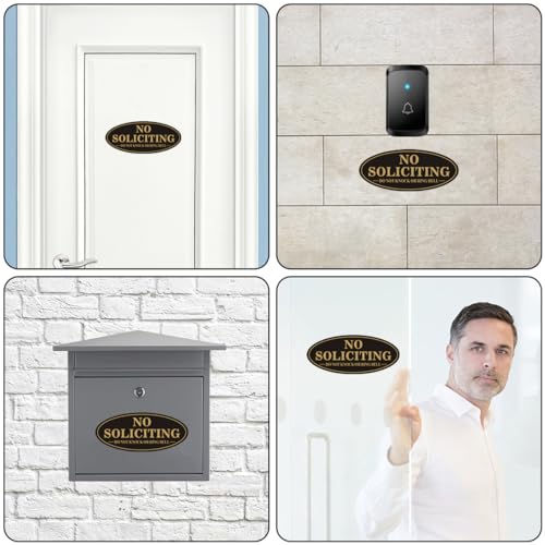 MongFun No Soliciting Sign, No Solicitors Sign for Front Door, 2 Pack Self-Adhesive Aluminum Metal No Solitation Do Not Knock or Ring Bell Signs, 7.0 x 3.0 inches Weather Resistant Signs for Home Doorbell Business Outside (Black/Gold) - Image 3