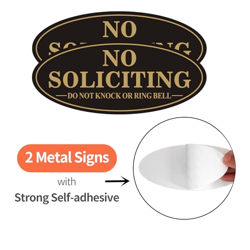 MongFun No Soliciting Sign, No Solicitors Sign for Front Door, 2 Pack Self-Adhesive Aluminum Metal No Solitation Do Not Knock or Ring Bell Signs, 7.0 x 3.0 inches Weather Resistant Signs for Home Doorbell Business Outside (Black/Gold) - Image 2