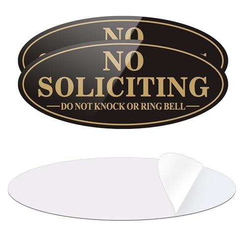MongFun No Soliciting Sign, No Solicitors Sign for Front Door, 2 Pack Self-Adhesive Aluminum Metal No Solitation Do Not Knock or Ring Bell Signs, 7.0 x 3.0 inches Weather Resistant Signs for Home Doorbell Business Outside (Black/Gold) - Image 1
