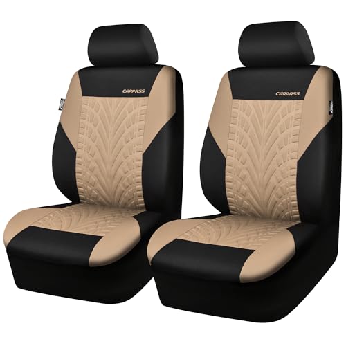 CAR PASS Car Seat Covers Two Front Only for Car 3D Tyre Print Automotive Interior Covers Airbag Compatible Quick Setup Universal Fit Seat Covers for Car Truck SUVBlack and Beige - Image 1