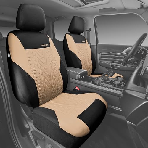 CAR PASS Car Seat Covers Two Front Only for Car 3D Tyre Print Automotive Interior Covers Airbag Compatible Quick Setup Universal Fit Seat Covers for Car Truck SUVBlack and Beige - Image 3