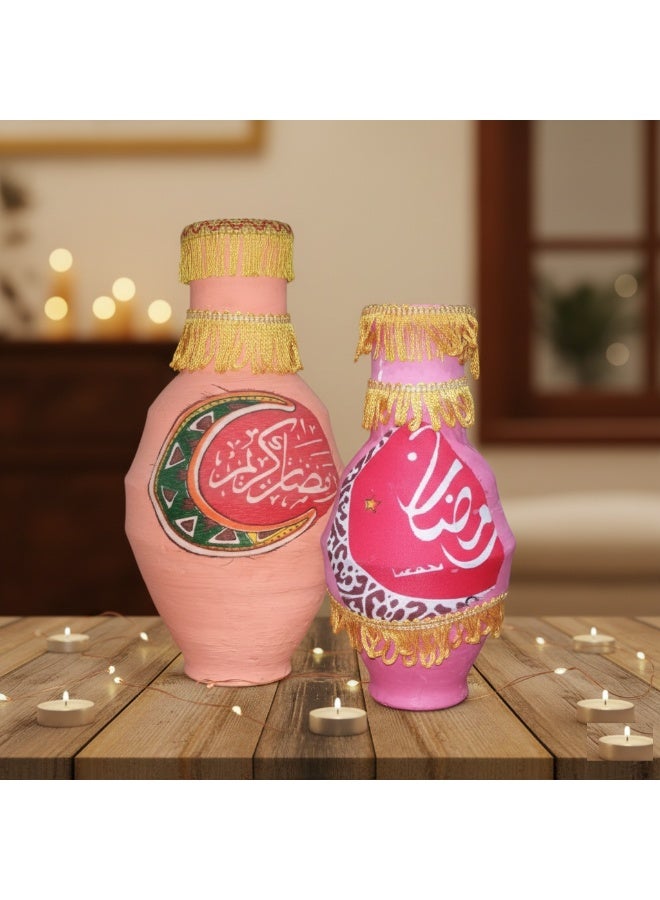 طقم مكون من قطعتين من القلل الفخارية المزخرفة يدوياً، مثالي لديكورات رمضان والمناسبات الخاصة