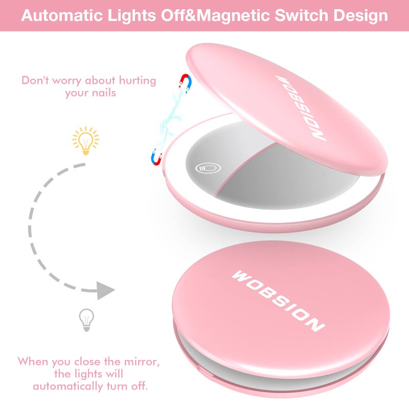 WOBSION Compact Travel Mirror, 1x/10x Magnifying Compact Mirror with 26 Lights, Adjustable Travel Makeup Mirror for Handbag, Gifts for Girls-Pink - Image 3