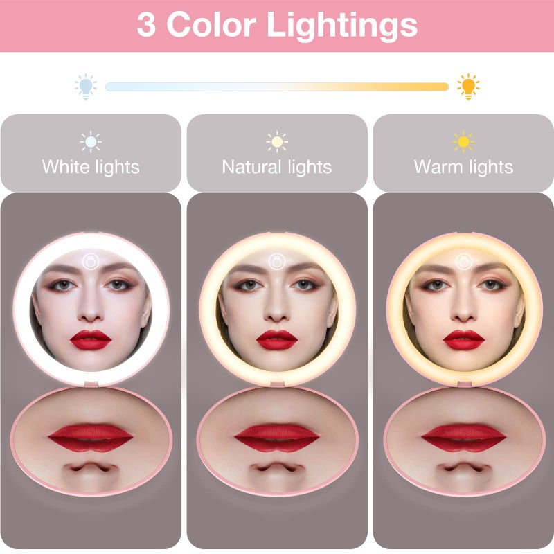 WOBSION Compact Travel Mirror, 1x/10x Magnifying Compact Mirror with 26 Lights, Adjustable Travel Makeup Mirror for Handbag, Gifts for Girls-Pink - Image 5