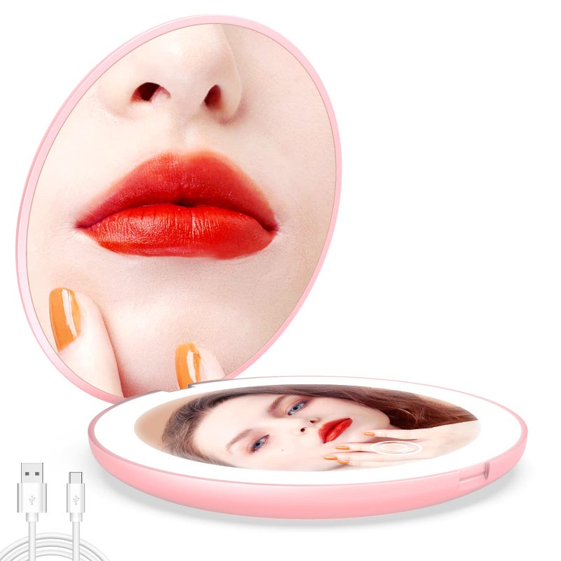 WOBSION Compact Travel Mirror, 1x/10x Magnifying Compact Mirror with 26 Lights, Adjustable Travel Makeup Mirror for Handbag, Gifts for Girls-Pink - Image 1