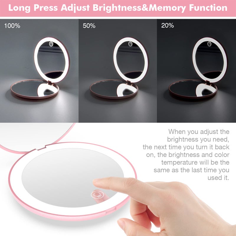 WOBSION Compact Travel Mirror, 1x/10x Magnifying Compact Mirror with 26 Lights, Adjustable Travel Makeup Mirror for Handbag, Gifts for Girls-Pink - Image 4