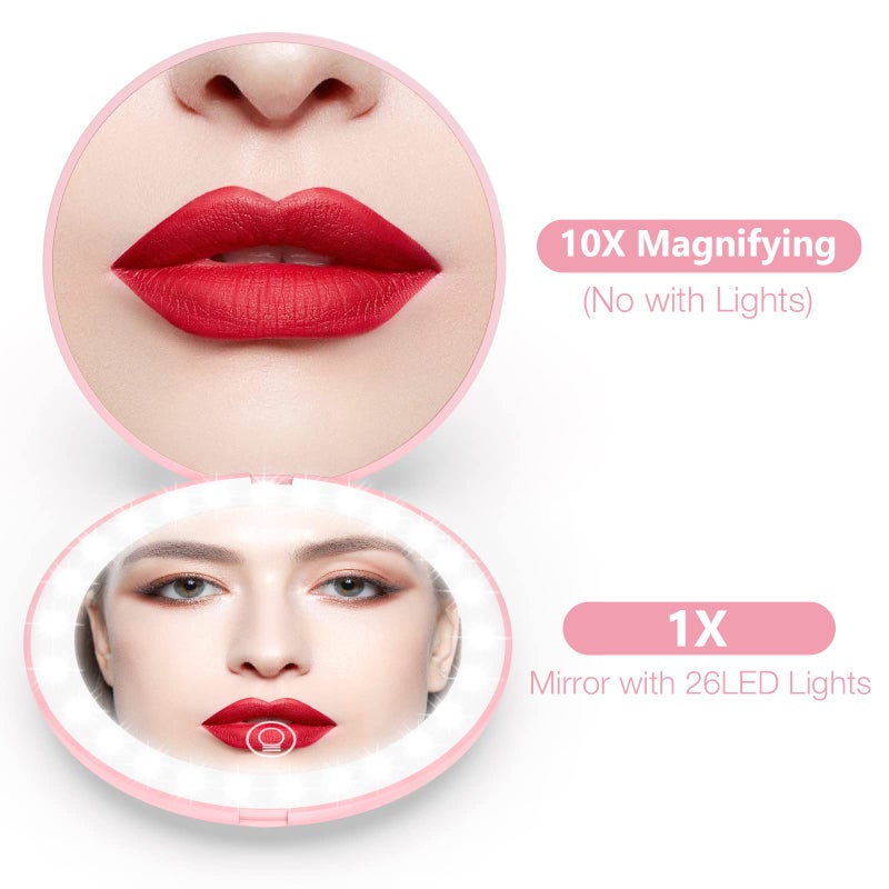 WOBSION Compact Travel Mirror, 1x/10x Magnifying Compact Mirror with 26 Lights, Adjustable Travel Makeup Mirror for Handbag, Gifts for Girls-Pink - Image 2