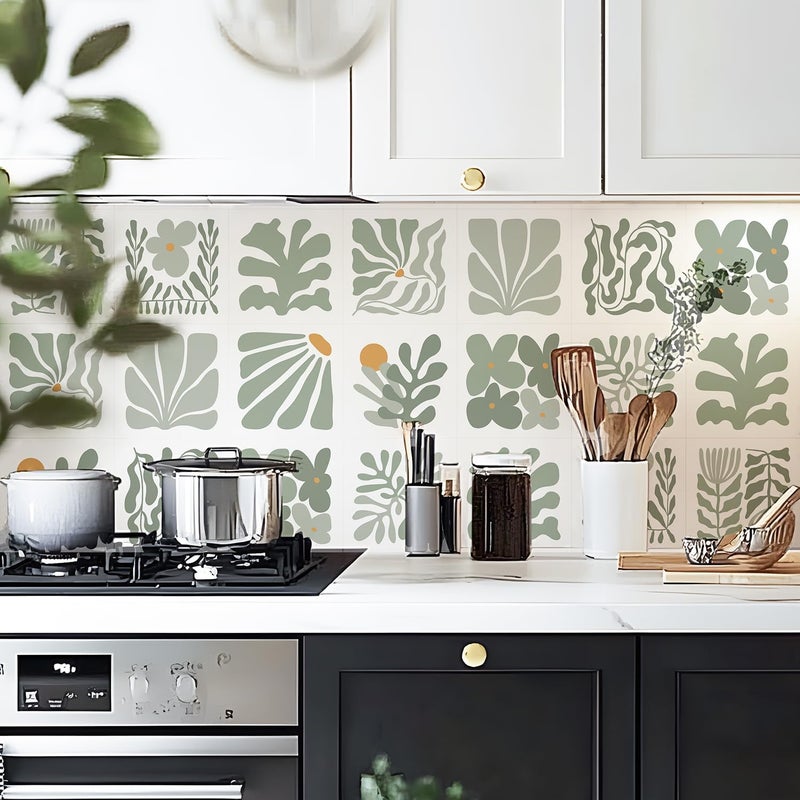Alwayspon Self-Adhesive Vinyl Wall Tile Stickers, 25Pcs 20cm/8inch Peel and Stick on Tiles Transfer Vinyl Flooring Waterproof Splashback for Kitchen Bathroom, Sage Green Floral - Image 5