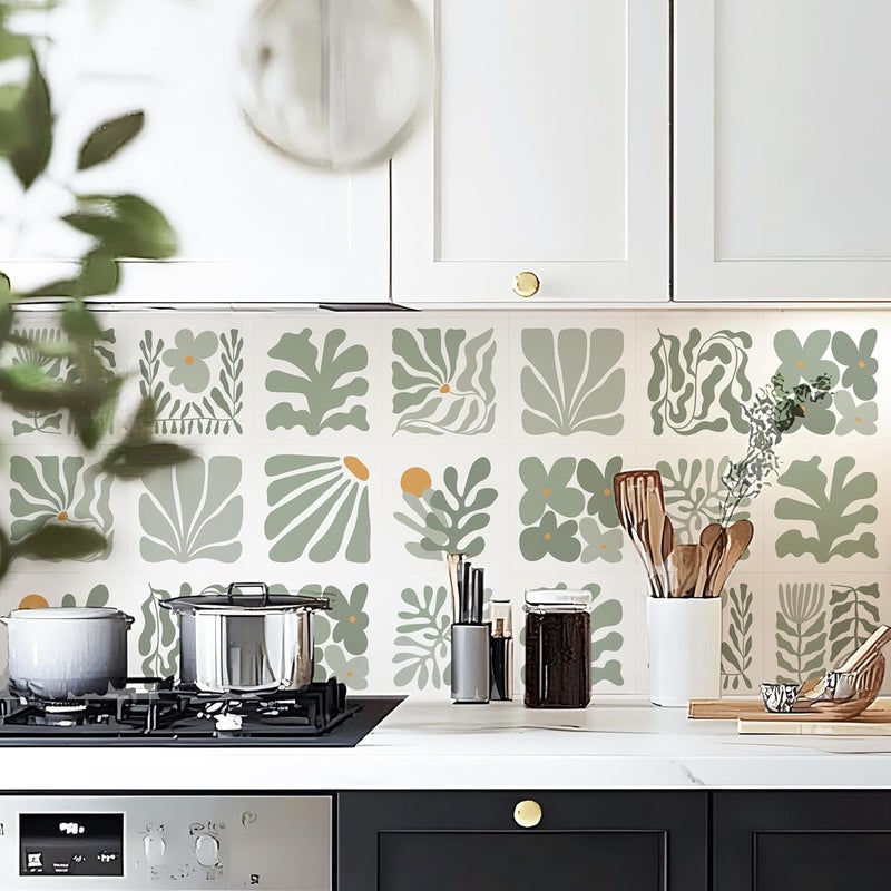 Alwayspon Self-Adhesive Vinyl Wall Tile Stickers, 25Pcs 20cm/8inch Peel and Stick on Tiles Transfer Vinyl Flooring Waterproof Splashback for Kitchen Bathroom, Sage Green Floral - Image 1