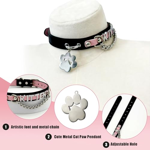 EverGlimp Leather Choker Collar Necklace For Women,Cute Skull Gothic Punk Rock Choker Necklace Collars (PAWS-KITTEN, PINK) - Image 3