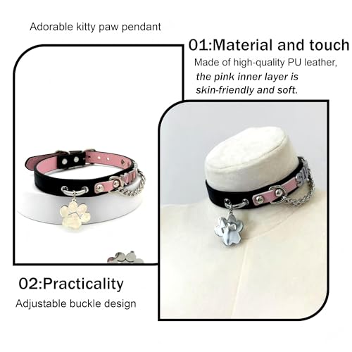 EverGlimp Leather Choker Collar Necklace For Women,Cute Skull Gothic Punk Rock Choker Necklace Collars (PAWS-KITTEN, PINK) - Image 4
