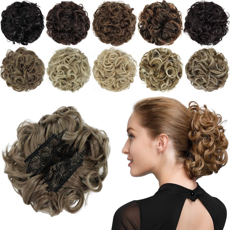 Rose bud Chignon Hairpiece Curly Bun Extensions Scrunchie Updo Synthetic Combs in Messy Bun Hair Piece for Women Light Brown & Ash Blonde Mixed - Image 1