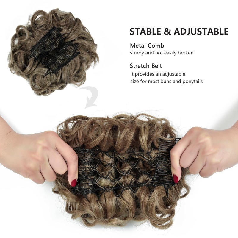 Rose bud Chignon Hairpiece Curly Bun Extensions Scrunchie Updo Synthetic Combs in Messy Bun Hair Piece for Women Light Brown & Ash Blonde Mixed - Image 4