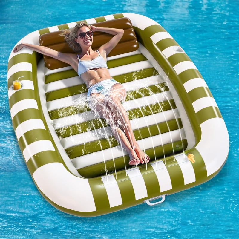 iPlay, iLearn Pool Wave Inflatable Pool Lounger Floats  80"" x 66"" Large Tanning Bed for Adult Kids  Outdoor Sun Bathing Floating Blow up Raft W/Pillow  Spray Water Mat  Summer Beach Lake Family Party Gift - Green - Image 1