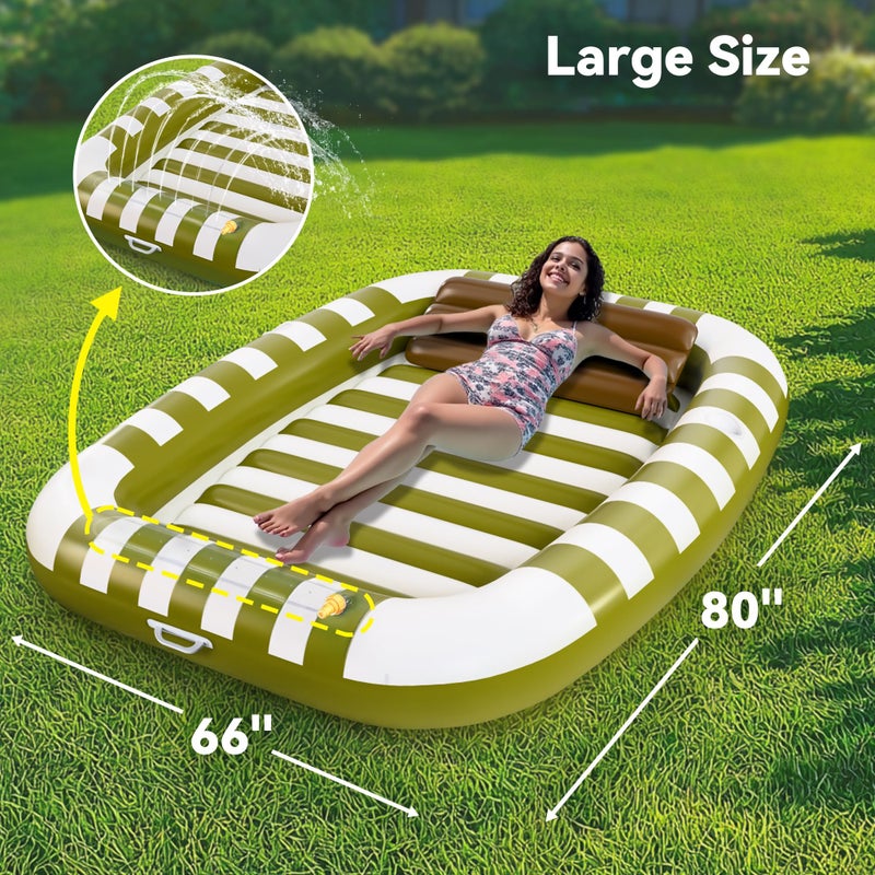 iPlay, iLearn Pool Wave Inflatable Pool Lounger Floats  80"" x 66"" Large Tanning Bed for Adult Kids  Outdoor Sun Bathing Floating Blow up Raft W/Pillow  Spray Water Mat  Summer Beach Lake Family Party Gift - Green - Image 2