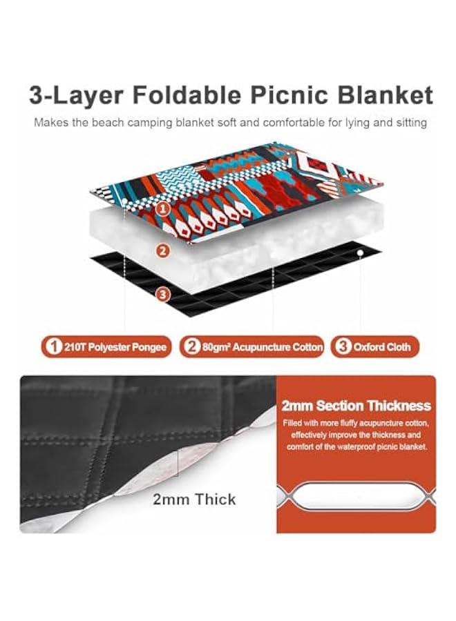 هوكور بطانية نزهة كبيرة جدا مقاومة للماء من تراسل، بطانية قابلة للطي للتخييم في الهواء الطلق مقاومة للرمال للشاطئ والنزهات 3 طبقات خفيفة الوزن مع مقبض، 200 × 200 سم، البوليستر، أحمر - Image 4