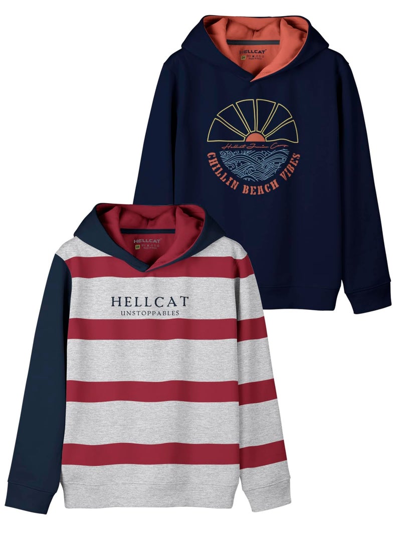 HELLCAT Printed Cotton Blend Hoodie Regular Fit Hooded Neck Sweatshirt for Boys - Pack of 2 White Melange/Navy Blue 13-14 Years - Image 1