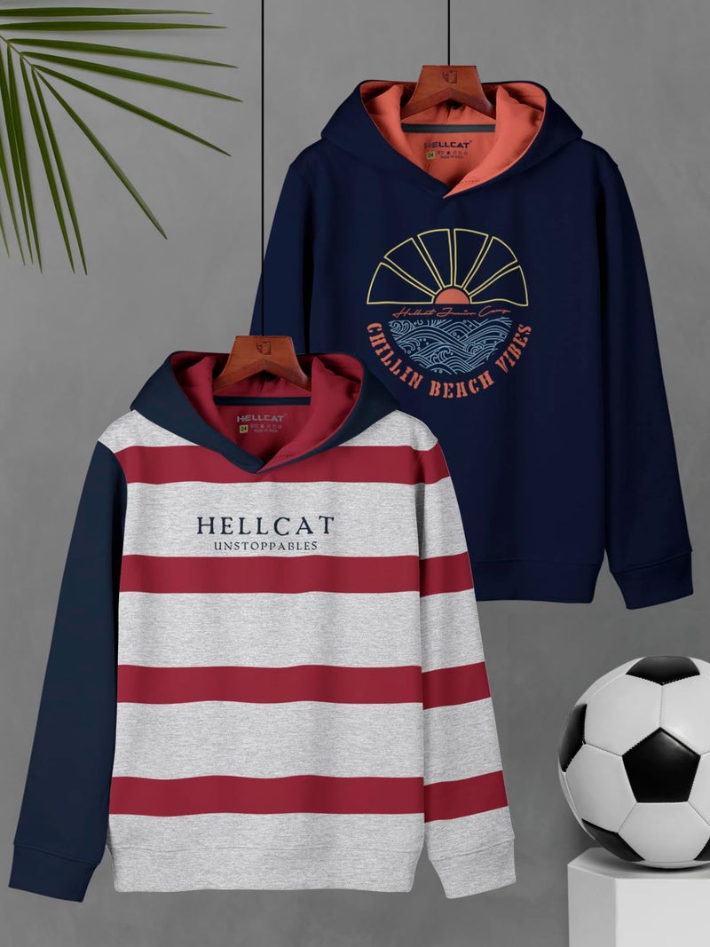 HELLCAT Printed Cotton Blend Hoodie Regular Fit Hooded Neck Sweatshirt for Boys - Pack of 2 White Melange/Navy Blue 13-14 Years - Image 2