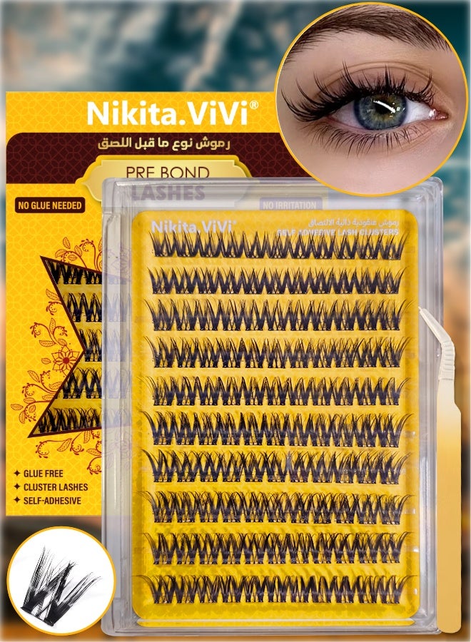 NIKITA.VIVI 110 Pcs Pre Bond Lashes Kit with Tweezers Self Adhesive Eyelashes Eyelash Clusters Kit, False Eyelashes D Curl Pre Glued Lash Clusters Wispy Lash Cluster Kit False Lashes for Beginners and Salon use Press On DIY Lash Extension Kit Falselashes Eye Makeup Kit 10-16mm Size - Image 1