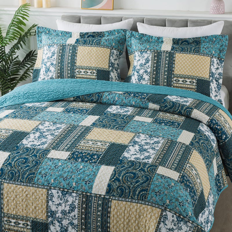 BEDIFANY Cotton Queen Size Quilt Sets, Lightweight Bedspread Queen Size Coverlet Boho Queen Quilt, Soft Farmhouse Queen Quilt Bedding Sets for Bed Decorations for All Seasons (3 Pieces, Blue) - Image 2