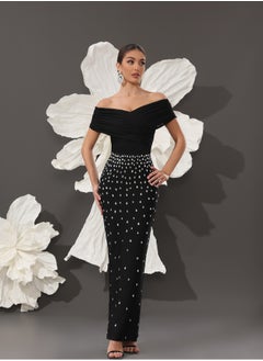Meilun Women's Black Off Shoulder Beaded Maxi Bodycon Dres  - Image 1