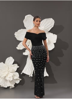 Meilun Women's Black Off Shoulder Beaded Maxi Bodycon Dres  - Image 2