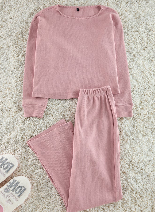 trendyol Pink Ribbed Knitted Pajama Set THMAW21PT0009 - Image 2