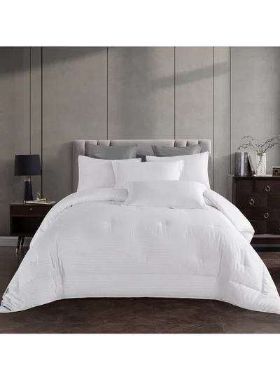 Donetella Comforter Set 4-Pcs Single Size Hotel Style Thin Striped Bed Set Fits 140 x 200 Cms (350 GSM) With Down Alternative Filling,White